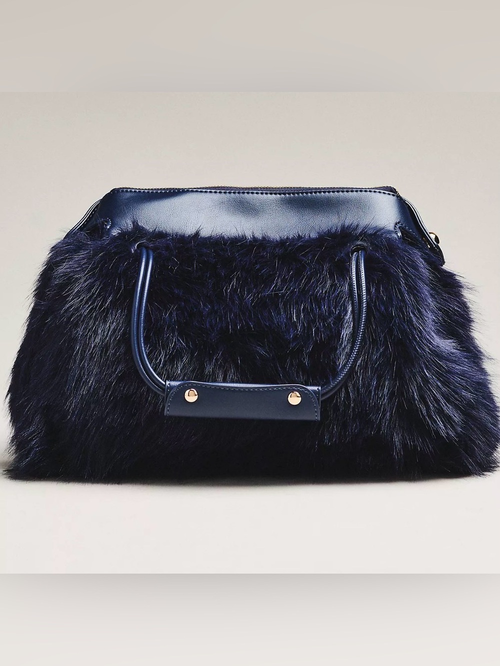 NWT Anthropologie Black Faux Fur Shoulder bag purse with gold accents